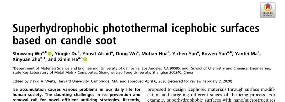 賀曦敏/朱新遠《PNAS》：蠟燭煙灰高效除冰法! 零下50°不結(jié)冰! 光熱去冰自清潔! 