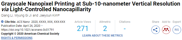 《ACS Nano》光控納米毛細(xì)作用實(shí)現(xiàn)納米級(jí)分辨率的灰度像素打印