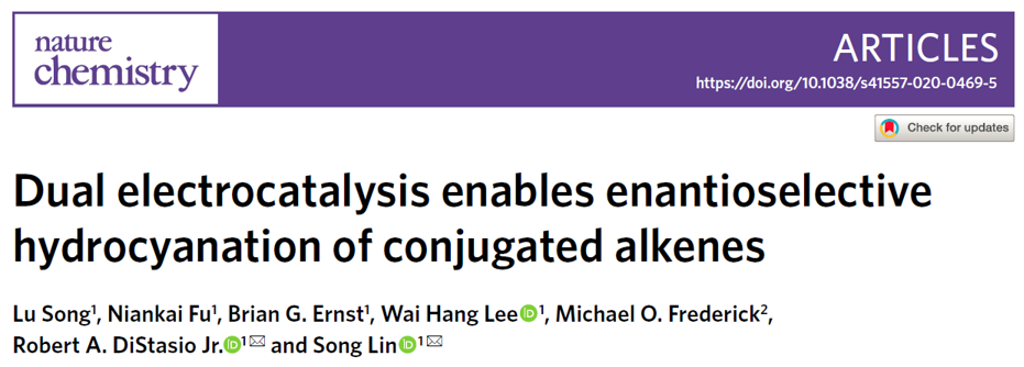 美國(guó)康奈爾大學(xué)林松團(tuán)隊(duì)《自然·化學(xué)》:電驅(qū)動(dòng)雙金屬催化共軛烯烴氫氰化反應(yīng)